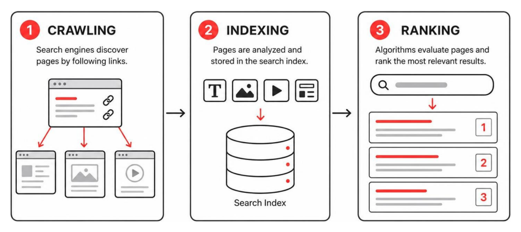 Search engine crawling, indexing, and ranking sequence